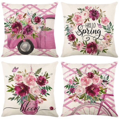Funda de Cojín Decorativa con Flores de Primavera Textura de Lino Camión Rosa Guirnalda Floral para Sofá Sala de Estar Decoración Hogar