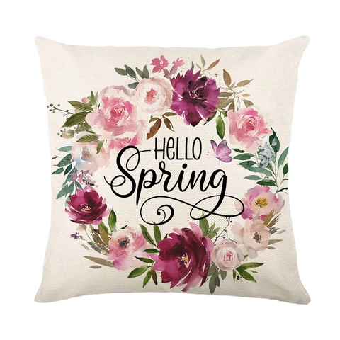 Funda de Cojín Decorativa con Flores de Primavera Textura de Lino Camión Rosa Guirnalda Floral para Sofá Sala de Estar Decoración Hogar