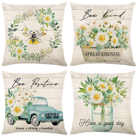 Kussenhoezen Boerderij Polyester Linnen Textuur Bij Madeliefje Retro Truck Digitale Print Verborgen Rits Sofa Woondecoratie