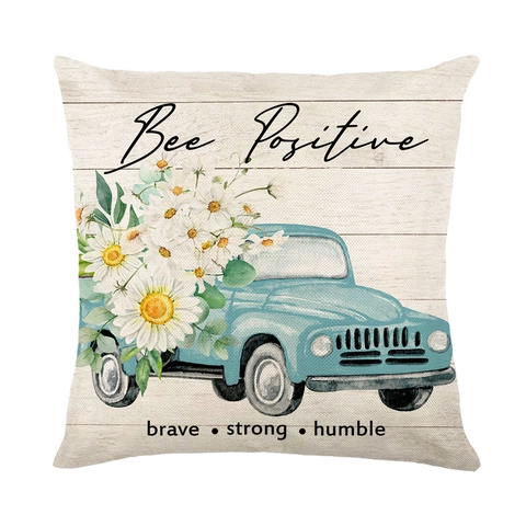 Kussenhoezen Boerderij Polyester Linnen Textuur Bij Madeliefje Retro Truck Digitale Print Verborgen Rits Sofa Woondecoratie