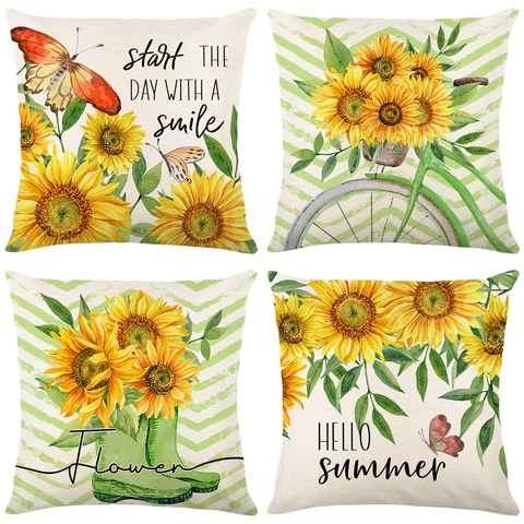 Federe Cuscini Decorative Girasole Poliestere Effetto Lino Stampa Floreale Estate Divano Soggiorno