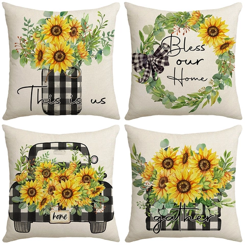 Farmhouse Sunflower Decorative Throw Pillow Covers Polyester Buffalo Plaid Rustic Home Decor Sofa Cushion Cases Yellow Floral Print Square Cushion Protectors