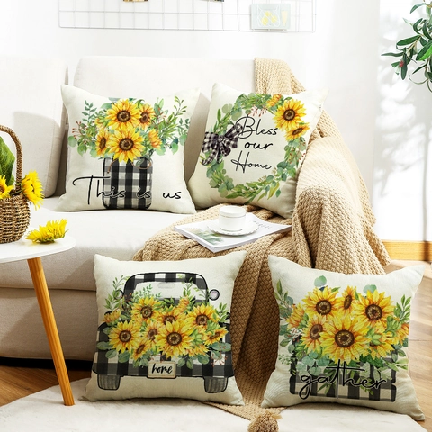 Farmhouse Sunflower Decorative Throw Pillow Covers Polyester Buffalo Plaid Rustic Home Decor Sofa Cushion Cases Yellow Floral Print Square Cushion Protectors
