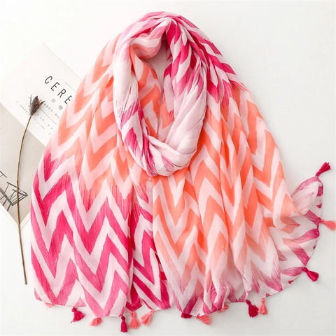 Dames Sjaal met Verloop Golven Print Lichtgewicht Satijn Polyester Omslagdoek met Kwastjes Zachte Boheemse Doeken Strand