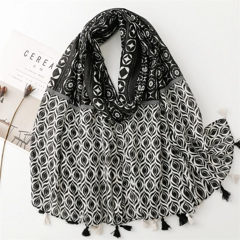 Sciarpa Con Stampa Boho Scialle Leggero In Poliestere Stile Etnico Geometrico Floreale Con Nappine Per Donna
