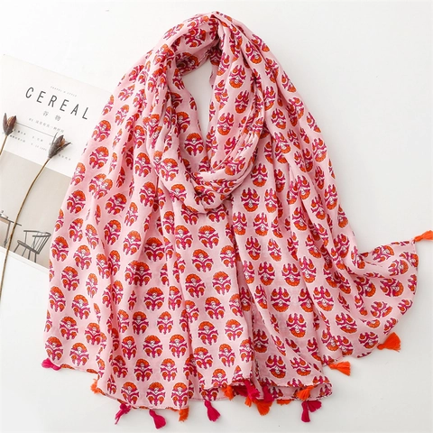 Écharpe À Pampilles Imprimé Fleuri Châle Toucher Coton Léger Foulard Bohème Vintage Pour Femmes