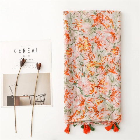 Damen Schal Mit Blumenmuster Leichtes Polyester Voile Sonnenschutz Weicher Quastenbesatz Vintage Chinesischer Stil Strandtuch
