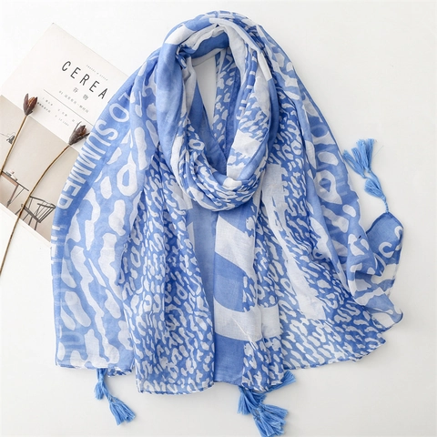 Chic Leopard Print Scarf With Letter Pattern And Tassels Lightweight Breathable Summer Shawl For Vacation Sun Protection Women