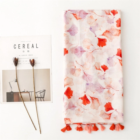 Sjaal Omslagdoek Met Ginkgo Blad Print Chinese Stijl Lichtgewicht Bali Garen Polyester Kwastjes Zonbescherming Dames