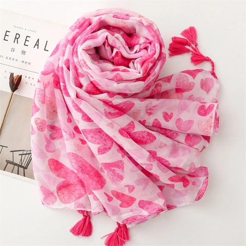 Bufanda Con Estampado De Corazón Voile Chal Ligero Con Borlas Protección Solar Envoltura De Moda Para Mujeres