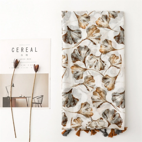 Sciarpa Con Stampa Foglie Di Ginkgo Elegante Scialle In Filato Di Bali Con Nappine Per Protezione Solare Donna Retro