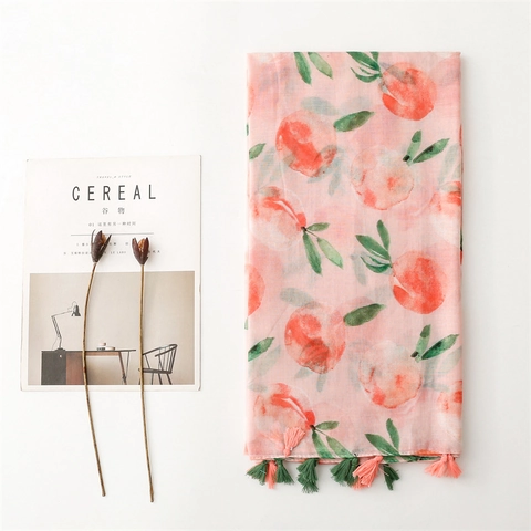 Frisse Zoete Perzik Print Sjaal Polyester Lichtgewicht Zonbescherming Reizen Wraps Met Kwastjes Voor Dames