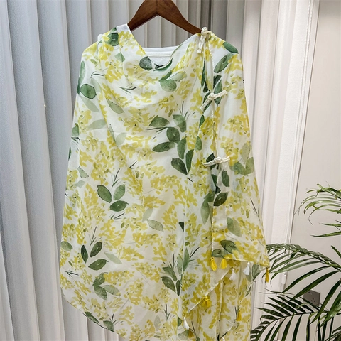 Women Ethnic Floral Print Polyester Voile Scarf Shawl With Chinese Frog Button Tassels Bohemian Beach Sun Protection Wrap