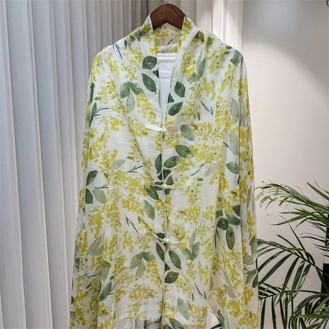 Women Ethnic Floral Print Polyester Voile Scarf Shawl With Chinese Frog Button Tassels Bohemian Beach Sun Protection Wrap