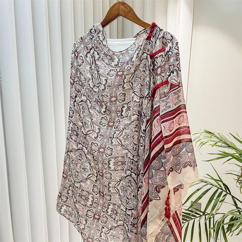 Women Ethnic Print Shawl Scarf With Traditional Pankou Buttons New Chinese Style Lightweight Polyester Beach Sunshade Wrap
