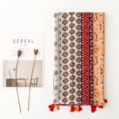 Boho Ethnisch Blumendruck Schal Polyester Quaste Vintage Exotisch Strand Sonnenschutz Wrap Für Damen
