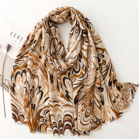Women Winter Scarf Shawl Polyester Cotton Soft Abstract Marble Print Fringed Edge Warm Retro Long Wrap