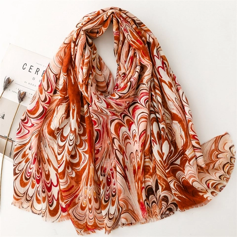 Women Winter Scarf Shawl Polyester Cotton Soft Abstract Marble Print Fringed Edge Warm Retro Long Wrap