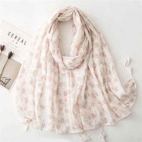 Rainbow Star Cloud Print Scarf With Tassels Lightweight Voile Sun Protection Shawl Wrap Women Fashion Soft