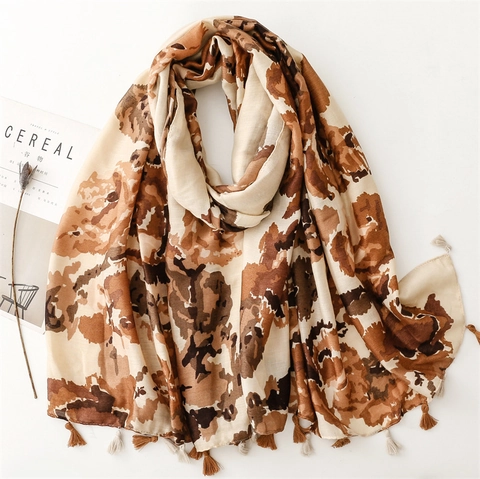 Großer Damen Schal Schultertuch Polyester Baumwolle Leinen Haptik Tuschemalerei Leopard Muster Weich Atmungsaktiv Quasten Reise Accessoire