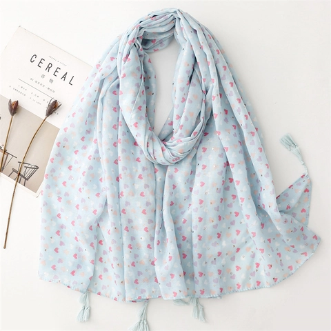 Heart Print Schal Leichtgewicht Polyester Voile Stola Mit Quasten Bronzing Muster Süß Frisch Sonnenschutz Accessoire
