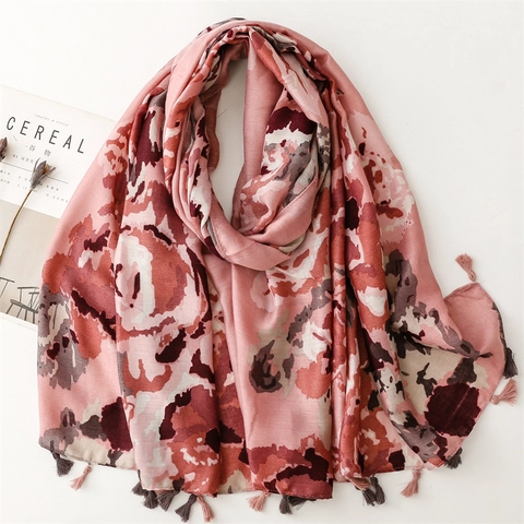 Großer Damen Schal Schultertuch Polyester Baumwolle Leinen Haptik Tuschemalerei Leopard Muster Weich Atmungsaktiv Quasten Reise Accessoire