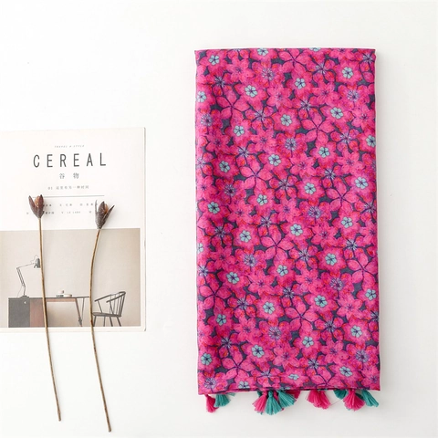 Women Floral Print Scarf Shawl National Style Polyester Voile Wrap Tassels Beach Sunshade Magenta Travel Accessories