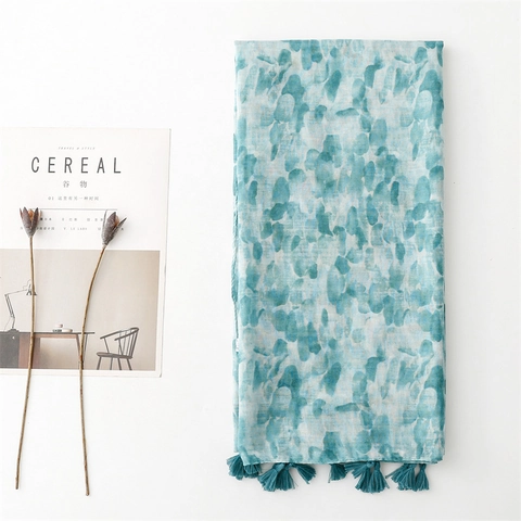 Lange Sjaal Met Abstracte Print Polyester Voile Lichtgewicht Zonbescherming Met Kwastjes Voor Dames Reizen