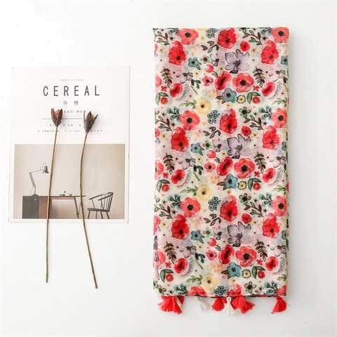 Women Long Scarf Shawl Polyester Voile Sun Protection Beach Wrap Floral Print With Tassel Fringe Elegant Fashion Spring Summer