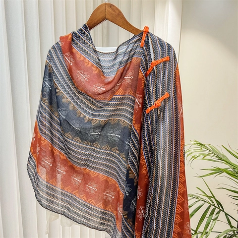 Women Ethnic Print Shawl Scarf With Traditional Pankou Buttons New Chinese Style Lightweight Polyester Beach Sunshade Wrap