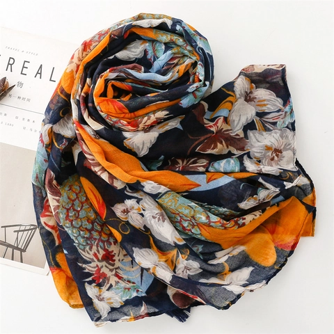 Tropical Pineapple Floral Print Scarf Polyester Voile Lightweight Tassel Shawl Sun Protection Summer Beach For Women