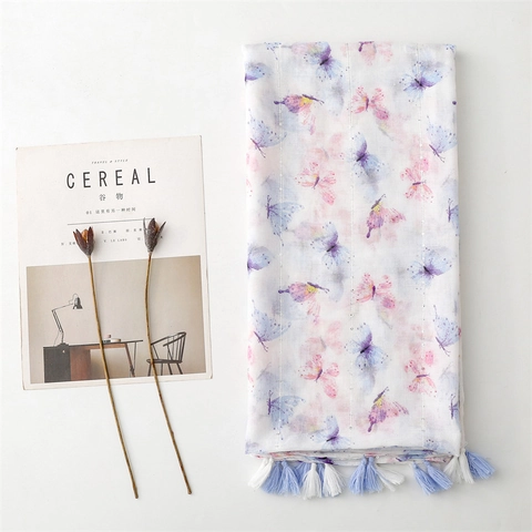 Dames Sjaal Met Vlinderprint Lichtgewicht Ademende Polyester Sjaal Met Zilverdraad Kwastjes Zonbescherming Mode Wrap