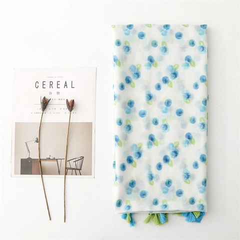Blueberry Print Long Scarf Women Lightweight Sun Protection Beach Shawl Polyester Tassel Fresh Pastoral Style