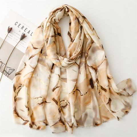 Damen Schal Lange Stola Baumwolle Polyester Goldprägung Tuschemalerei Abstrakt Marmor Druck Ausgefranste Kanten Leichtes Tuch