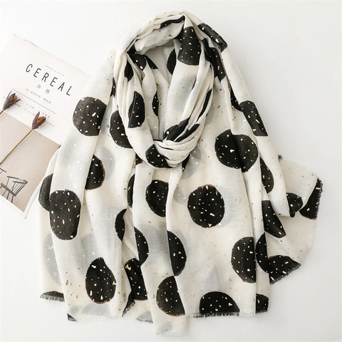 Fashion Scarf Shawl For Women Large Polka Dot Gold Foil Print Soft Polyester Wraps With Raw Edge Elegant Accessory