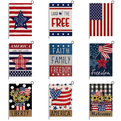 Independence Day Patriotic American Garden Flag Double Sided Linen Polyester Yard Decor Stars Stripes Welcome Freedom Flag