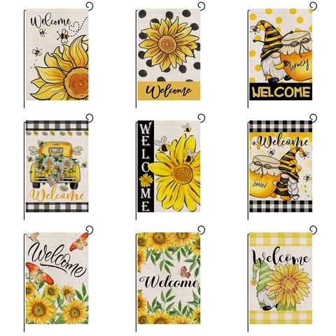 Pastoral Style Polyester Garden Flag Sunflower Bee Gnome Print Outdoor Yard Home Welcome Sign Vertical Decor Banner