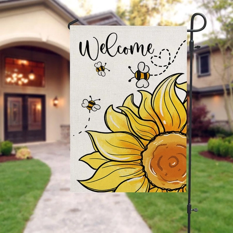 Pastoral Style Polyester Garden Flag Sunflower Bee Gnome Print Outdoor Yard Home Welcome Sign Vertical Decor Banner