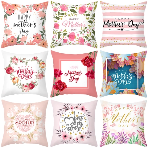 Happy Mother's Day Decorative Pillowcase Peach Skin Velvet Floral Heart Print Square Cushion Cover For Home Sofa Decor