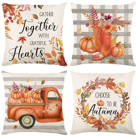 Herbst Thanksgiving Kissenbezug Polyester Leinenmischung Kürbis LKW Druck Quadratischer Kissenbezug Farmhouse Deko