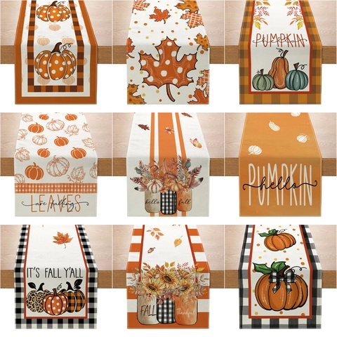 Autumn Harvest Pumpkin Maple Leaf Print Table Runner Polyester Linen Texture Decorative Tablecloth For Thanksgiving Dining Room Kitchen Decor