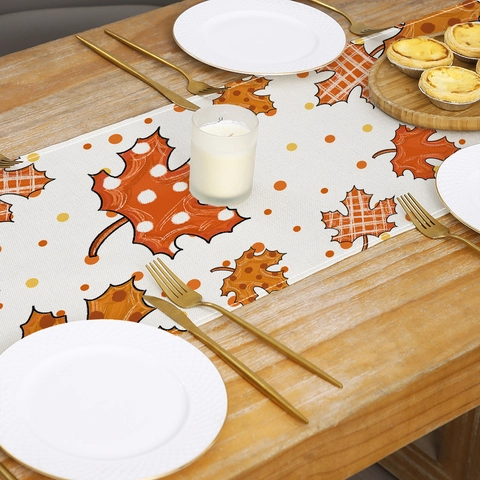 Autumn Harvest Pumpkin Maple Leaf Print Table Runner Polyester Linen Texture Decorative Tablecloth For Thanksgiving Dining Room Kitchen Decor