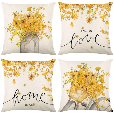 Federa Per Cuscino Con Stampe Floreali Gialle Autunnali Poliestere Effetto Lino Stampa Digitale Decorazione Divano Soggiorno