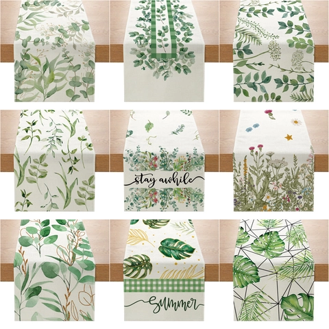 Chemin de Table Botanique Nordique Polyester Lin Feuilles Tropicales Eucalyptus Monstera Impression Nappe pour Table à Manger Maison Fête Décor