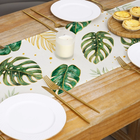 Chemin de Table Botanique Nordique Polyester Lin Feuilles Tropicales Eucalyptus Monstera Impression Nappe pour Table à Manger Maison Fête Décor