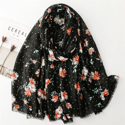 Women's Satin Cotton Polyester Floral Daisy Polka Dot Printed Scarf Shawl With Frayed Edge Gilding Warm Sunshade Wrap