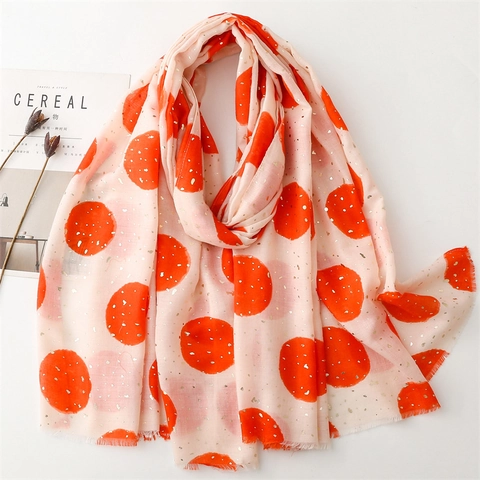 Fashion Scarf Shawl For Women Large Polka Dot Gold Foil Print Soft Polyester Wraps With Raw Edge Elegant Accessory