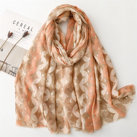Women Fashion Satin Cotton Polyester Scarf With Gold Foil Bronzing Geometric Pattern Tassel Edge Lightweight Warm Shawl Sunscreen Wrap
