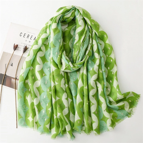 Women Fashion Satin Cotton Polyester Scarf With Gold Foil Bronzing Geometric Pattern Tassel Edge Lightweight Warm Shawl Sunscreen Wrap