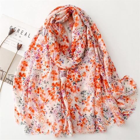 Women Floral Scarf Thin Cotton Linen Feel Large Shawl Spring Summer Sunscreen Wrap Frayed Edge Elegant Neck Scarf